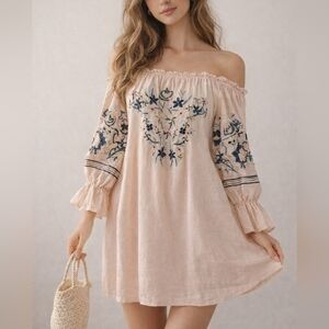 FREE PEOPLE Floral Embroidered Peasant Off The Shoulder Mini Dress, Size XS